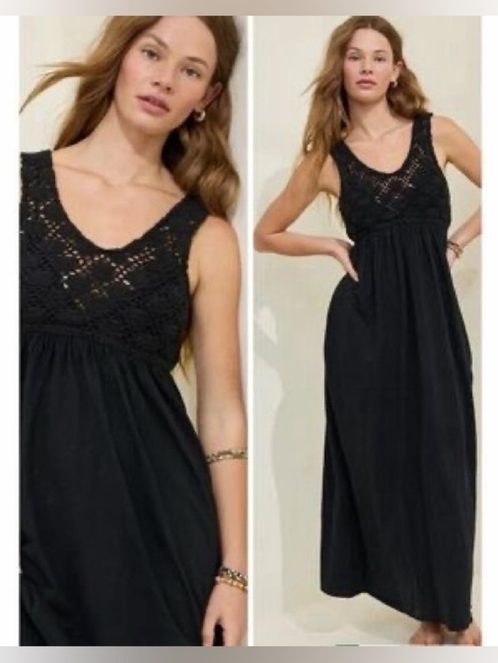 Aerie Black Crochet Maxi Dress Pockets Cotton Sleeveless Sz Large NWT $70